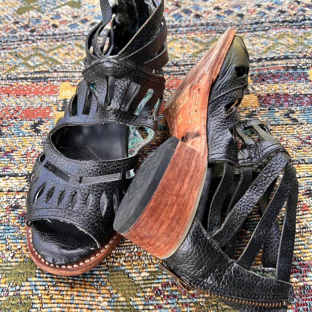 freebird Black Leather Strappy Sandals